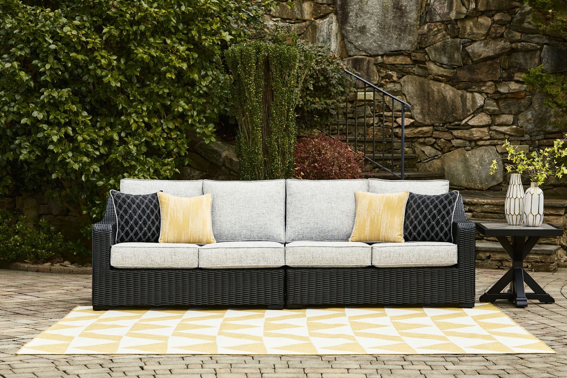 Beachcroft 2-Piece Outdoor Loveseat Black/Gray-Loveseats-DECOROLALA