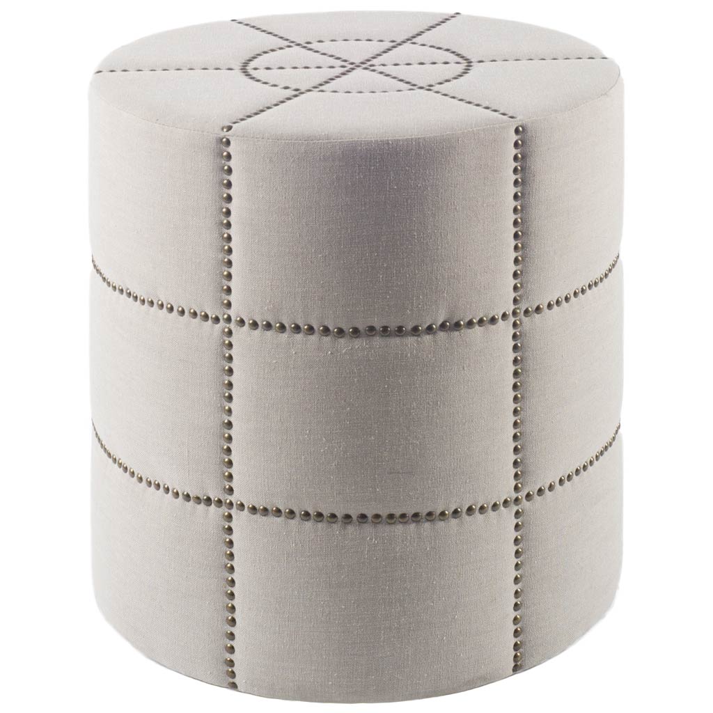 Beacon 20.5"H Cream Fabric w/ Metal Tacks Round Ottoman-Stools & Ottomans-DECOROLALA