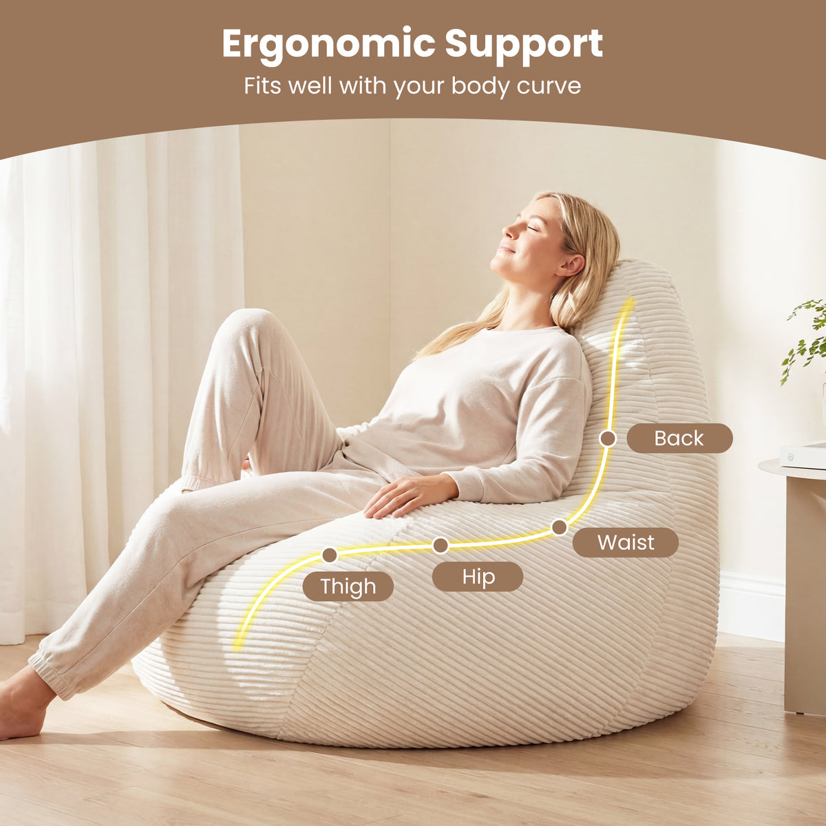 Bean Bag Chair Accent Lazy Sofa - Off-White Corduroy 35"-Sofas & Loveseats-DECOROLALA
