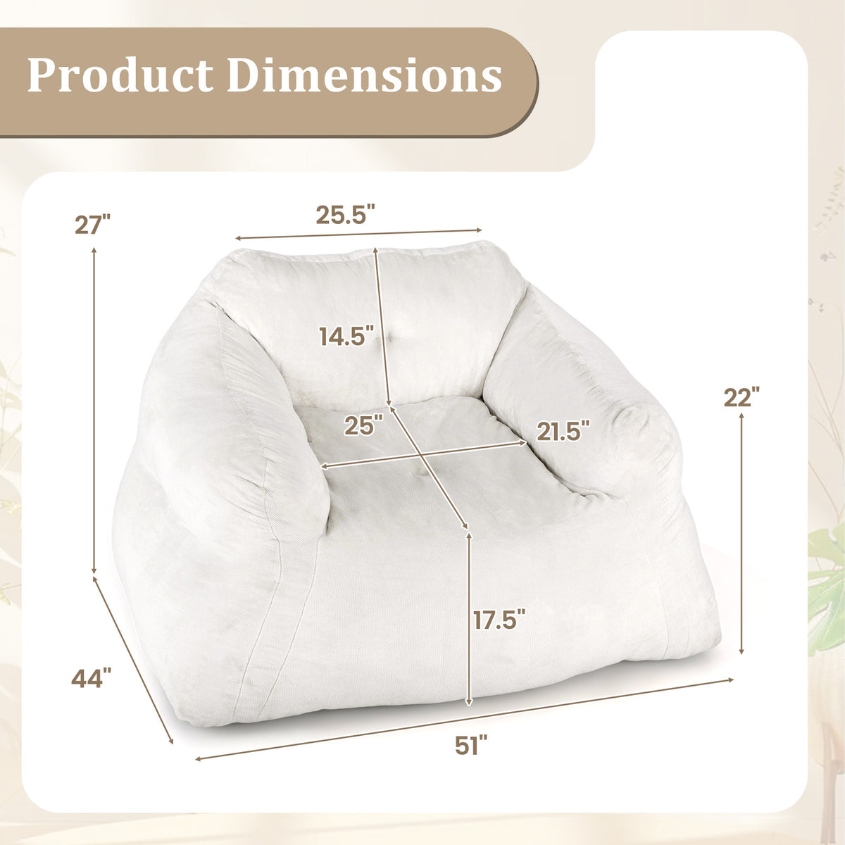 Bean Bag Chair Plush Lazy Sofa with Ultra-soft Velvet Cover-Beige-Floor Chairs-DECOROLALA