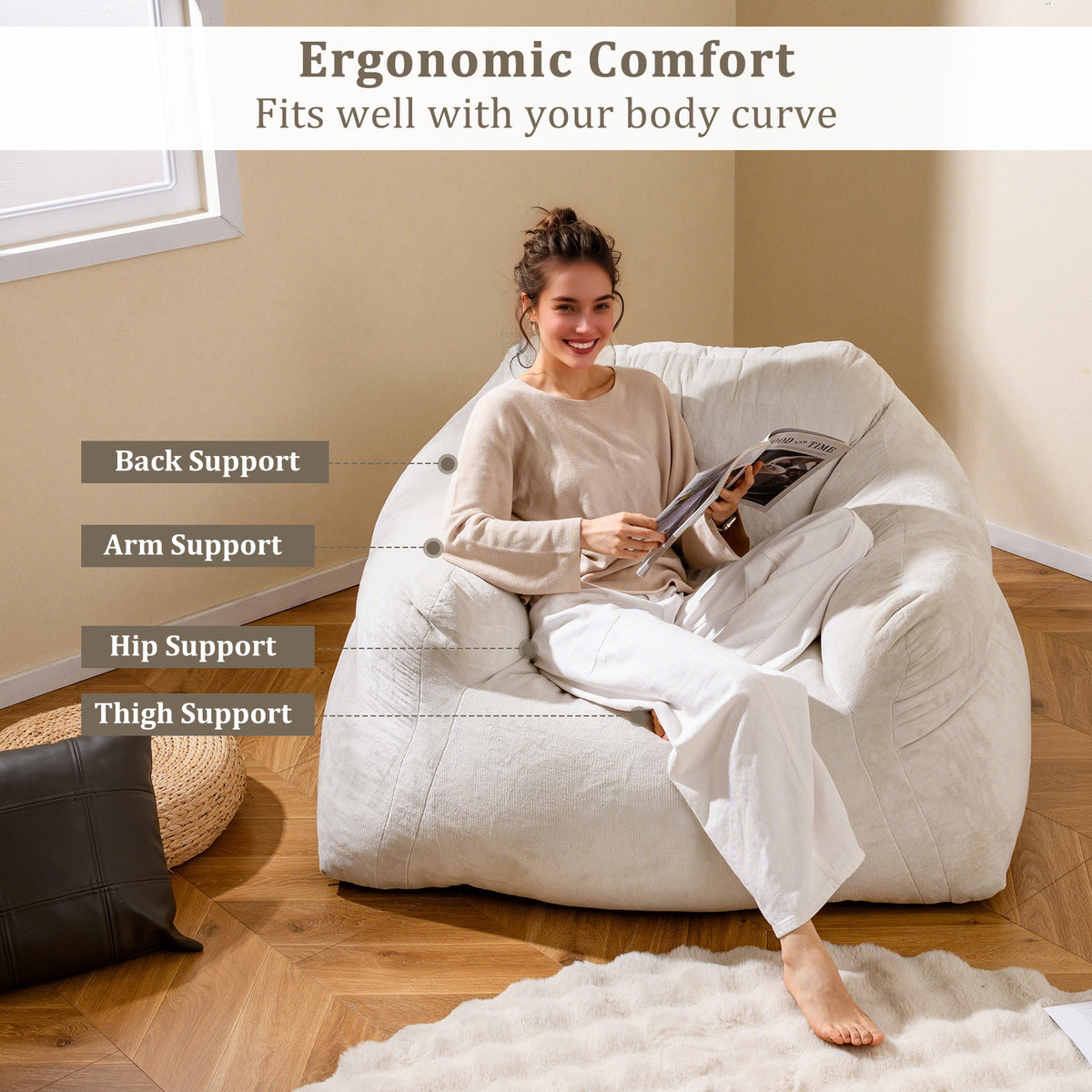 Bean Bag Chair Plush Lazy Sofa with Ultra-soft Velvet Cover-Beige-Floor Chairs-DECOROLALA