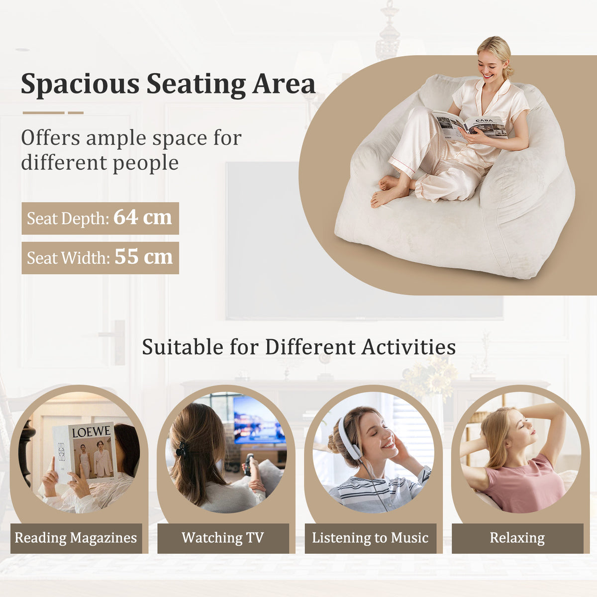Bean Bag Chair Plush Lazy Sofa with Ultra-soft Velvet Cover-Beige-Floor Chairs-DECOROLALA