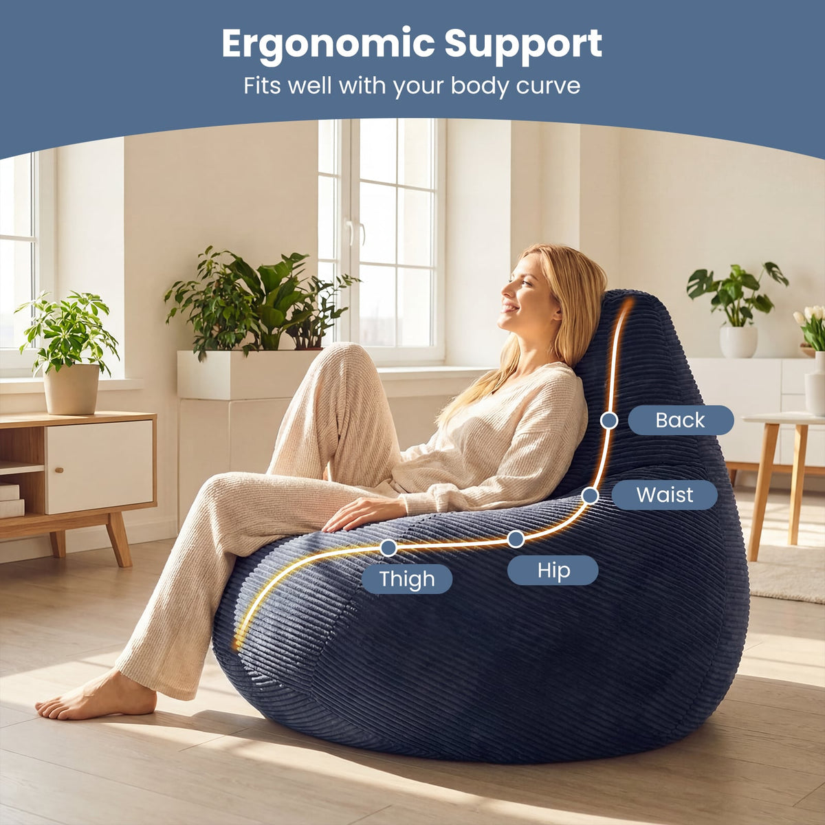 Bean Bag Chair for Adults - Blue Corduroy Lazy Sofa 35" x 32"-Sofas & Loveseats-DECOROLALA