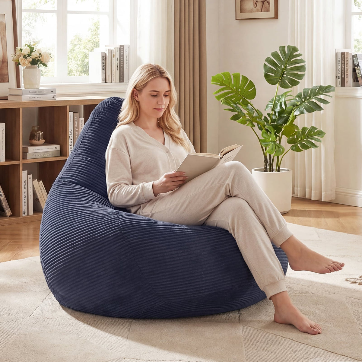 Bean Bag Chair for Adults - Blue Corduroy Lazy Sofa 35" x 32"-Sofas & Loveseats-DECOROLALA