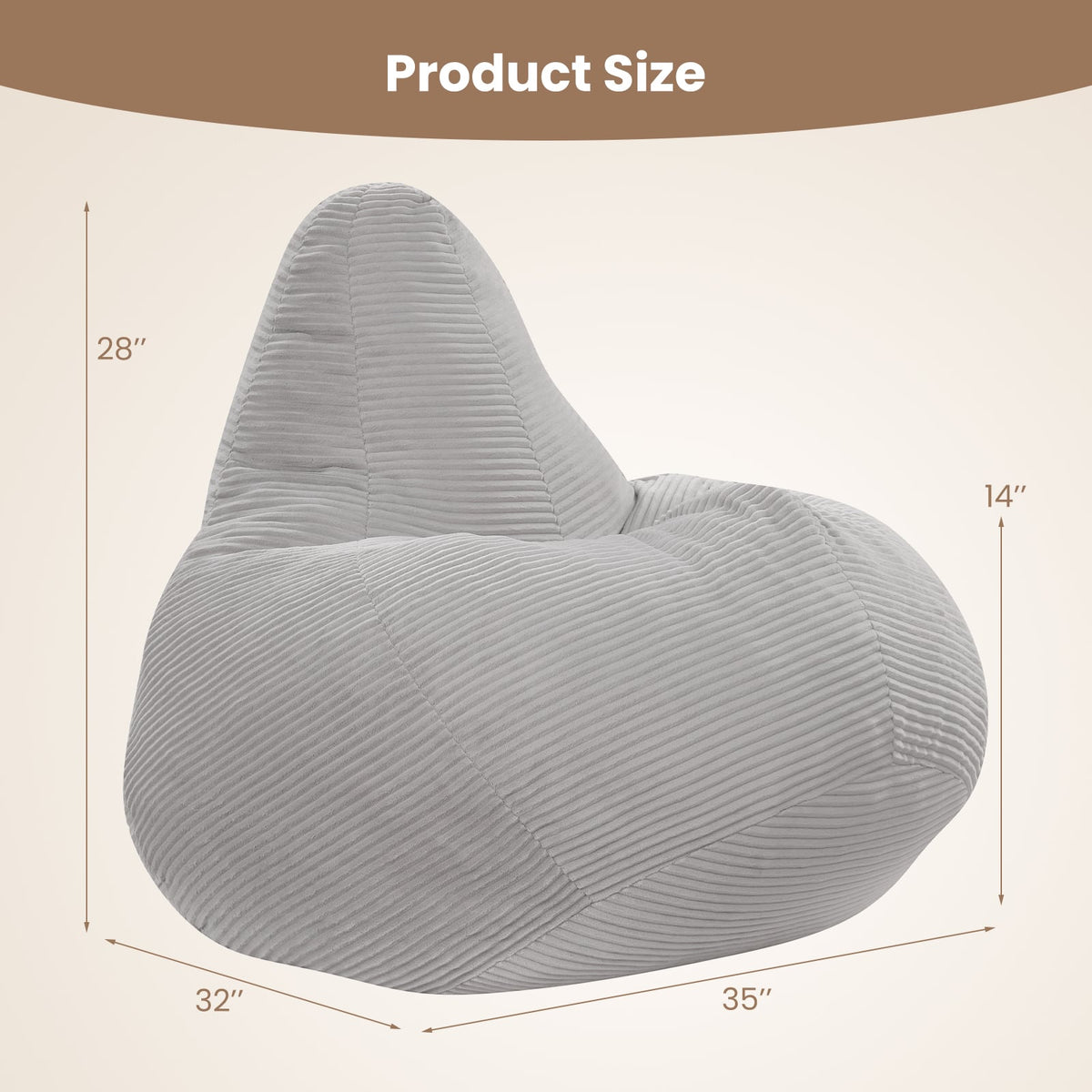 Bean Bag Chair for Adults - Gray Corduroy Lazy Sofa 35" x 32"-Sofas & Loveseats-DECOROLALA