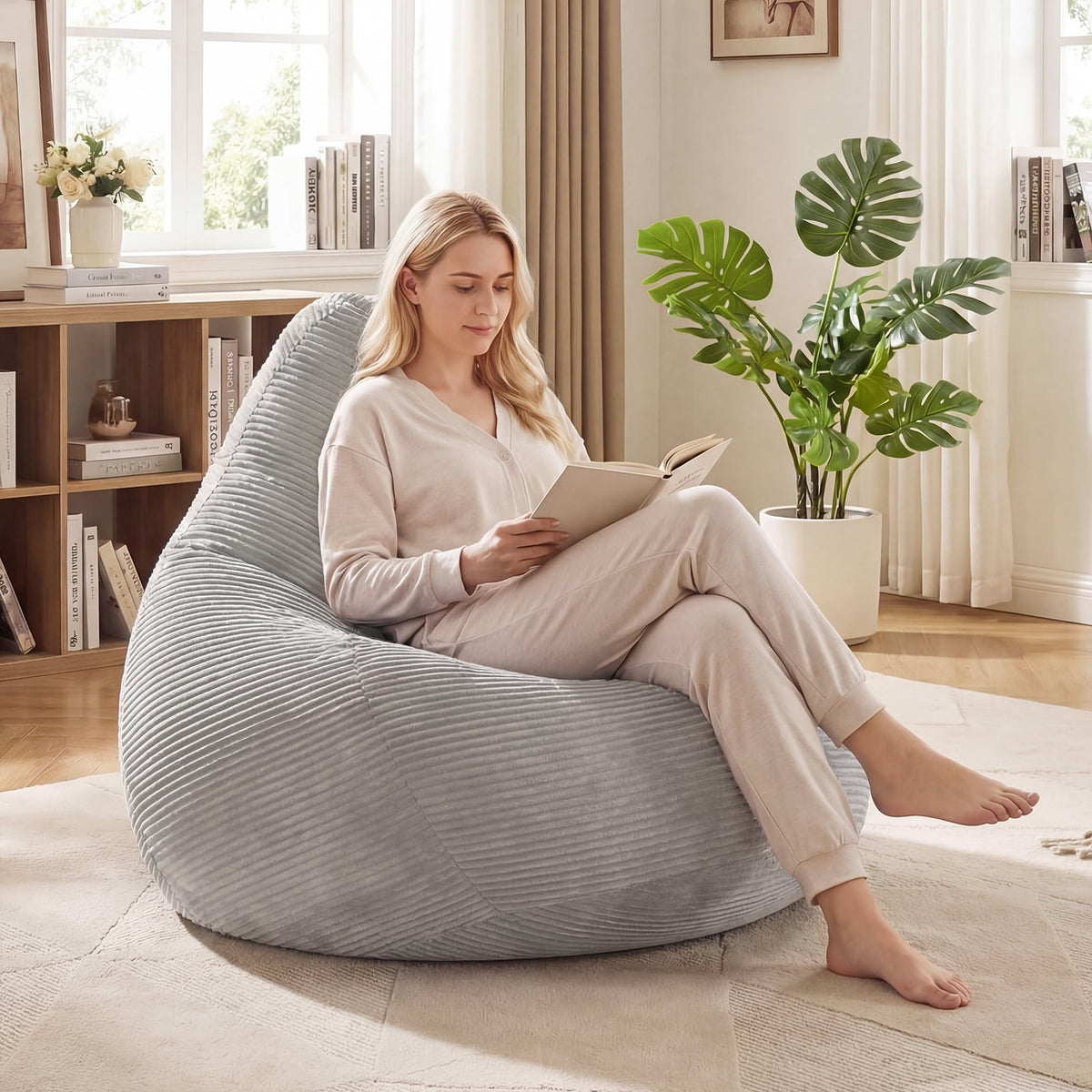 Bean Bag Chair for Adults - Gray Corduroy Lazy Sofa 35" x 32"-Sofas & Loveseats-DECOROLALA