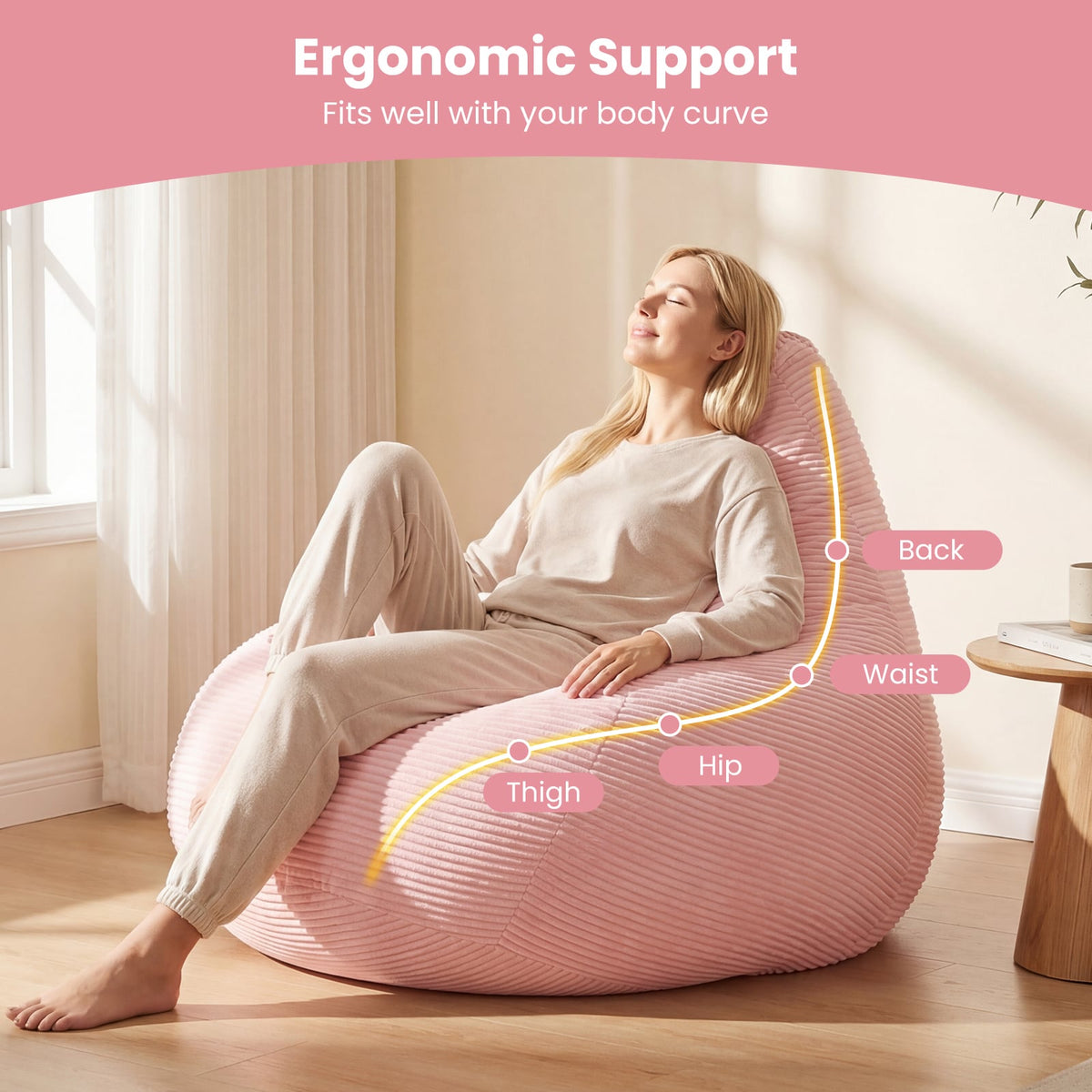Bean Bag Chair for Adults - Pink Corduroy Accent Lazy Sofa-Sofas & Loveseats-DECOROLALA