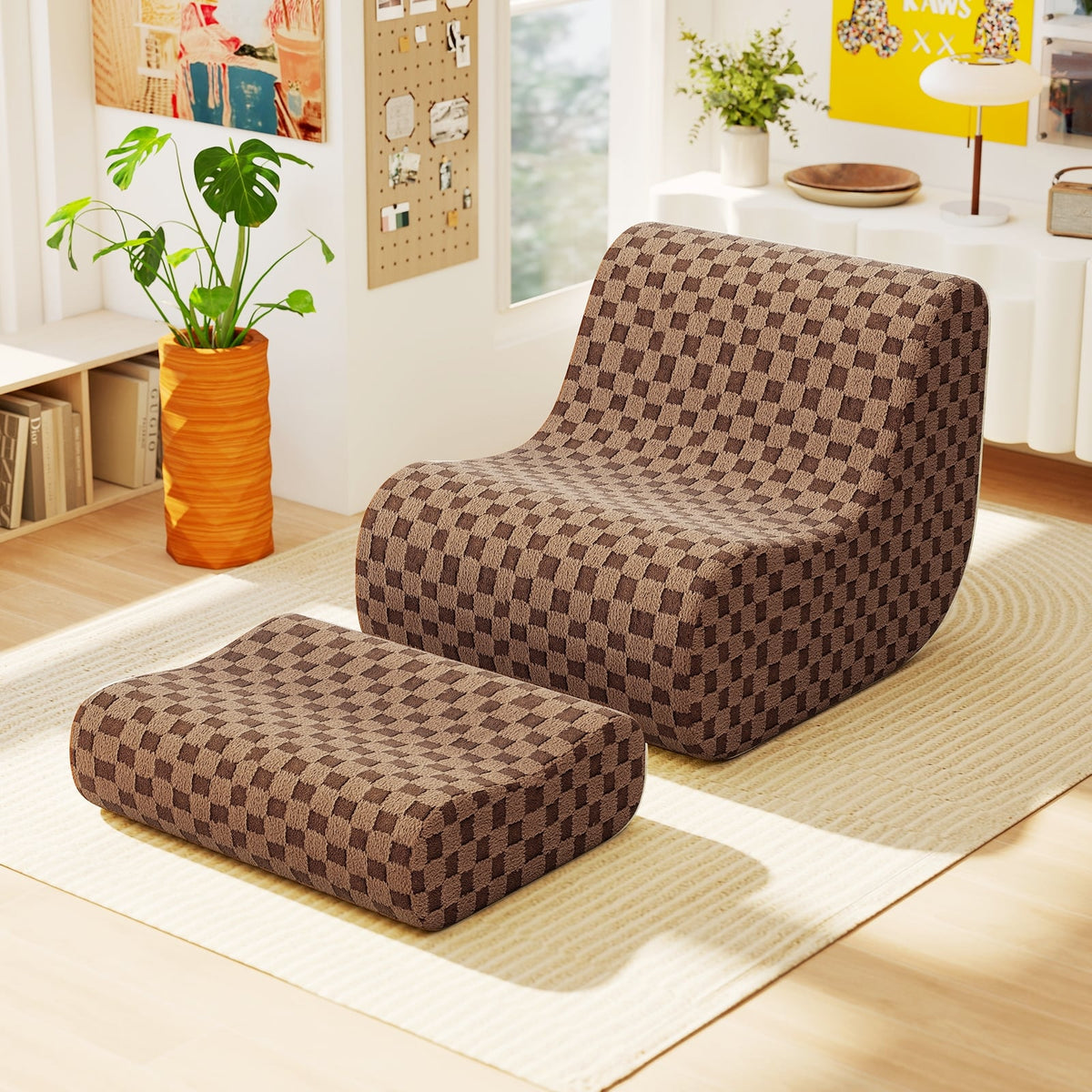 Bean Bag Chair with Ottoman - Brown Teddy Velvet Sponge Sofa-Sofas & Loveseats-DECOROLALA