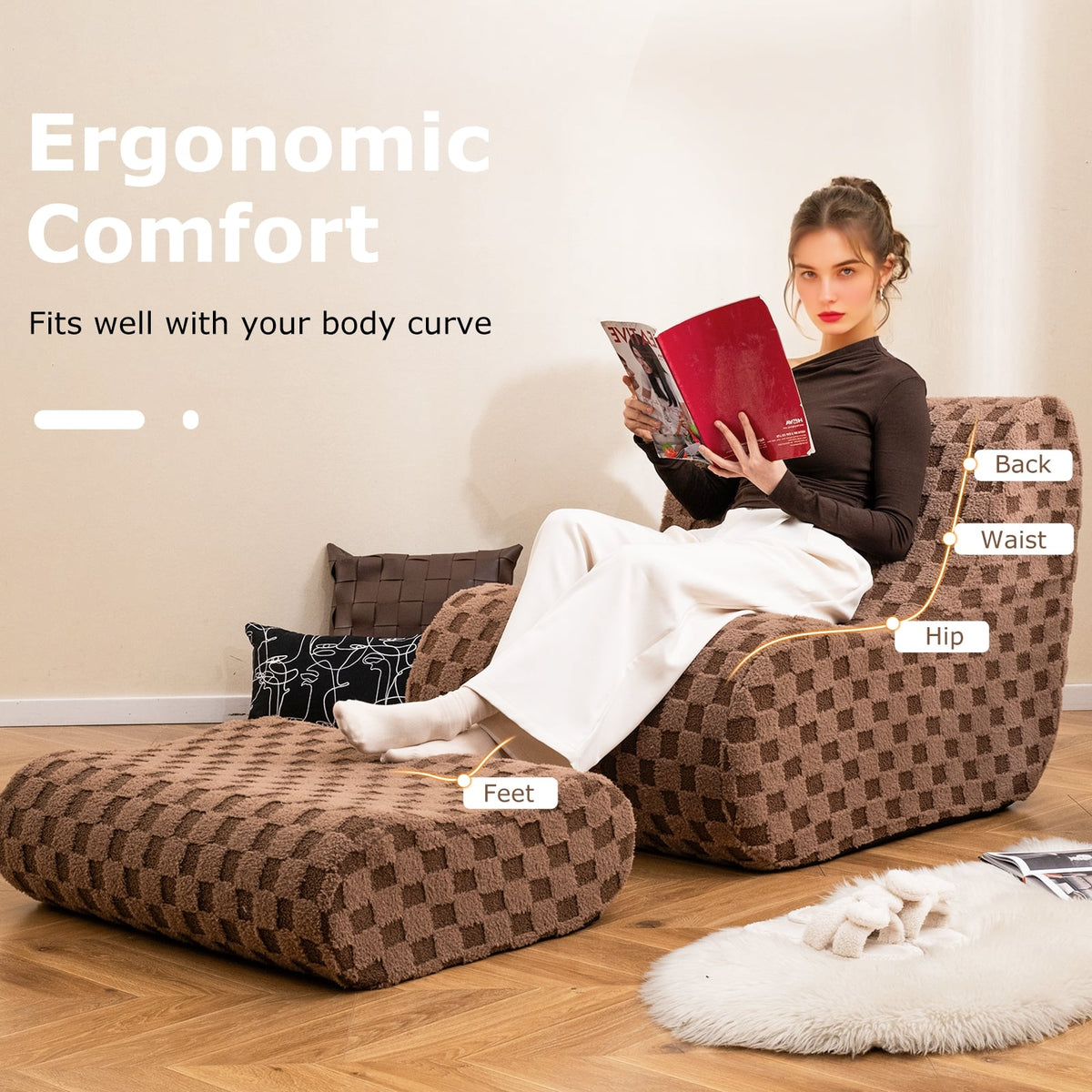 Bean Bag Chair with Ottoman - Brown Teddy Velvet Sponge Sofa-Sofas & Loveseats-DECOROLALA