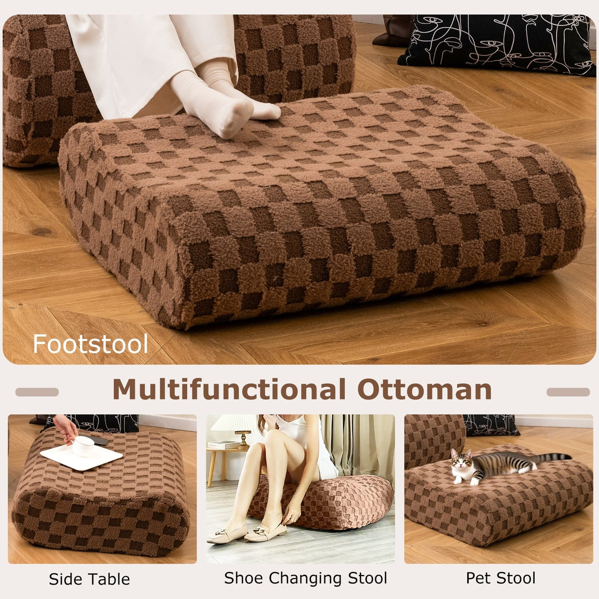Bean Bag Chair with Ottoman - Brown Teddy Velvet Sponge Sofa-Sofas & Loveseats-DECOROLALA