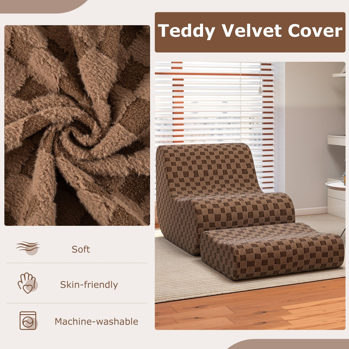 Bean Bag Chair with Ottoman - Brown Teddy Velvet Sponge Sofa-Sofas & Loveseats-DECOROLALA