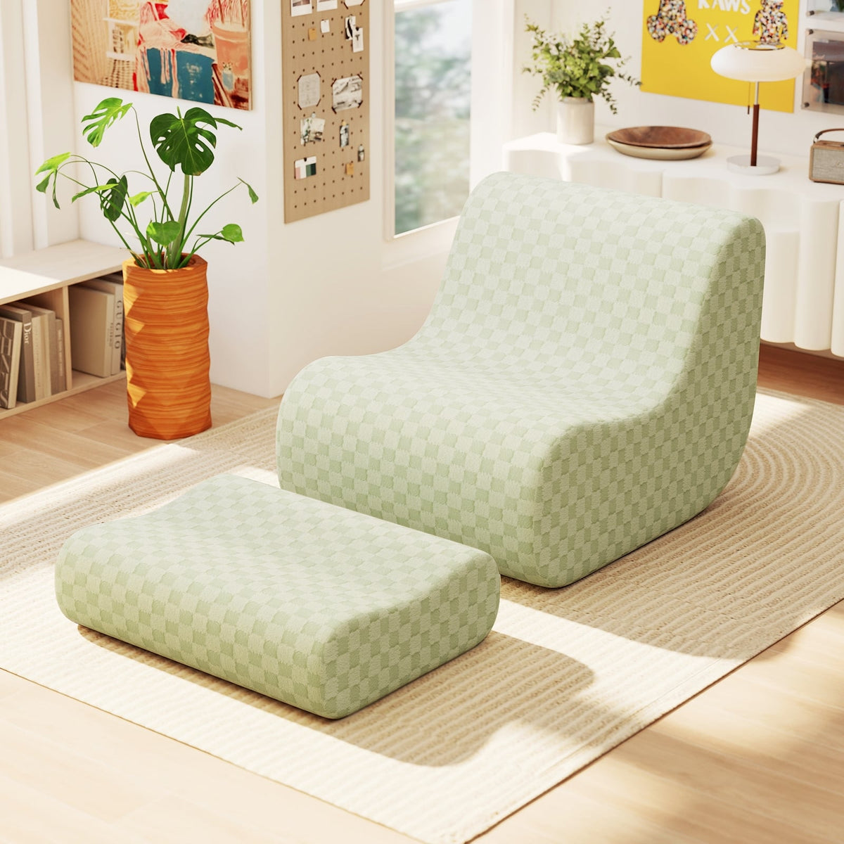 Bean Bag Chair with Ottoman - Green Teddy Velvet Sponge Sofa-Sofas & Loveseats-DECOROLALA