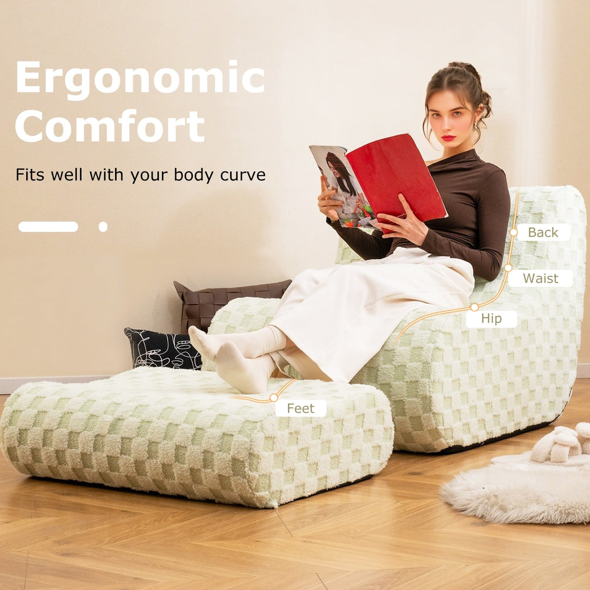Bean Bag Chair with Ottoman - Green Teddy Velvet Sponge Sofa-Sofas & Loveseats-DECOROLALA
