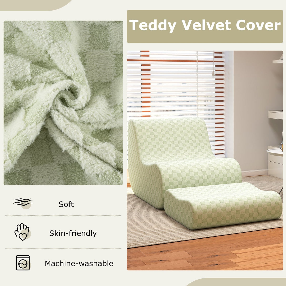 Bean Bag Chair with Ottoman - Green Teddy Velvet Sponge Sofa-Sofas & Loveseats-DECOROLALA