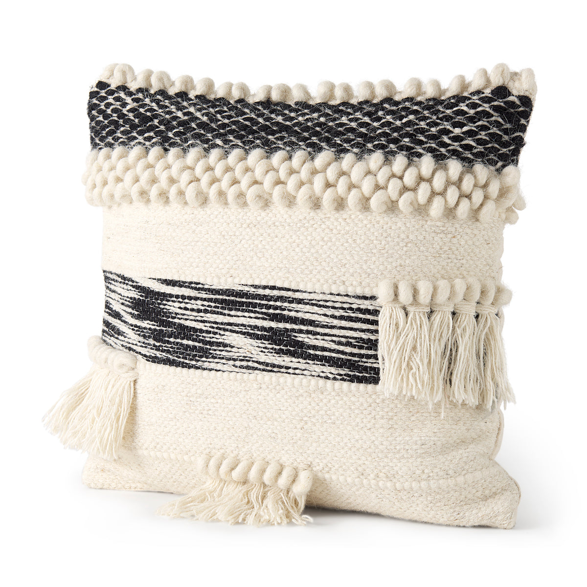 Beardell 18x18 Cream And Black Details With Tassels Pillow Cover-Decorative Pillows-DECOROLALA