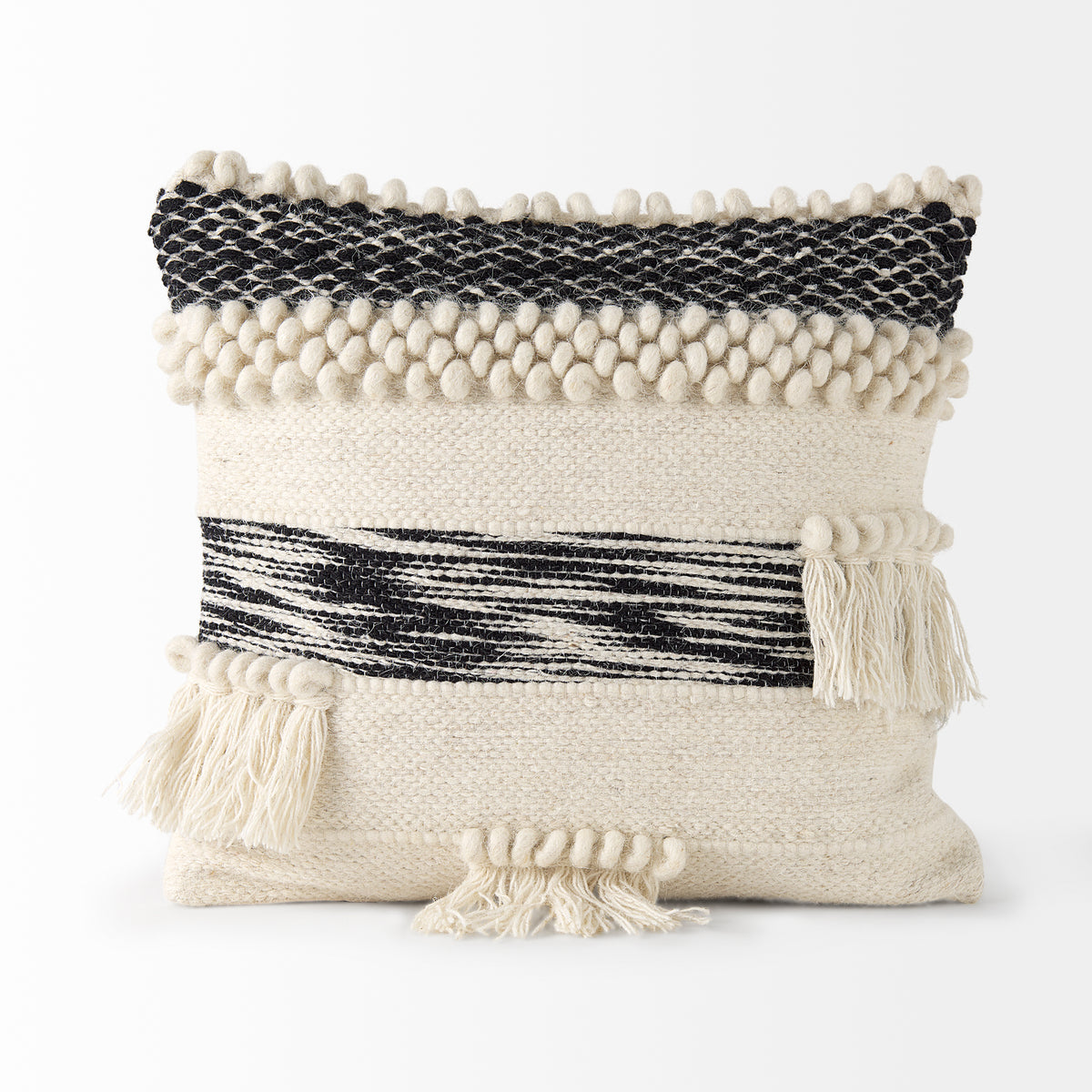 Beardell 18x18 Cream And Black Details With Tassels Pillow Cover-Decorative Pillows-DECOROLALA