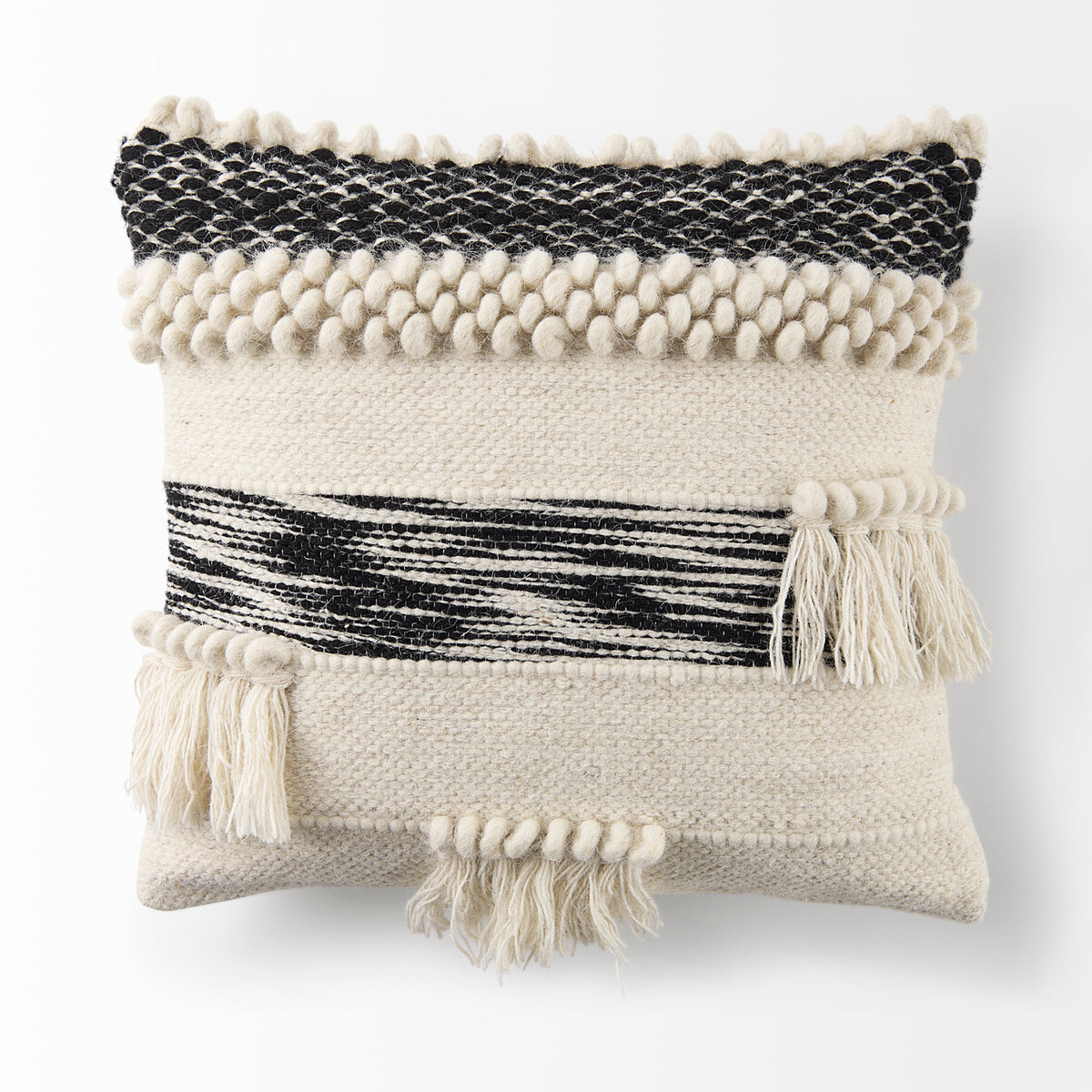 Beardell 18x18 Cream And Black Details With Tassels Pillow Cover-Decorative Pillows-DECOROLALA