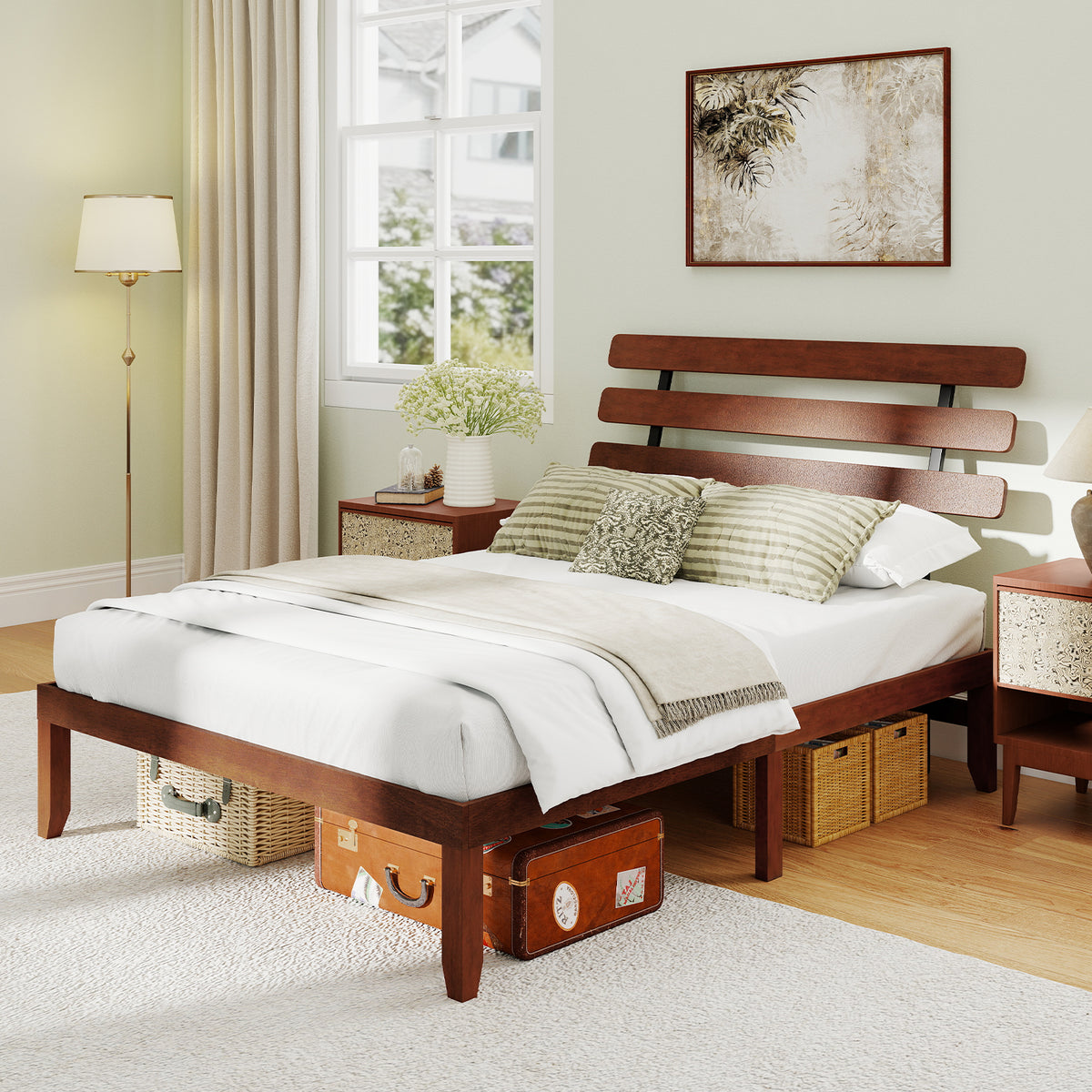Bed Frame 15.5 Inch Solid Wood Platform Bed with Retro Headboard-Simple Bed Frame-DECOROLALA