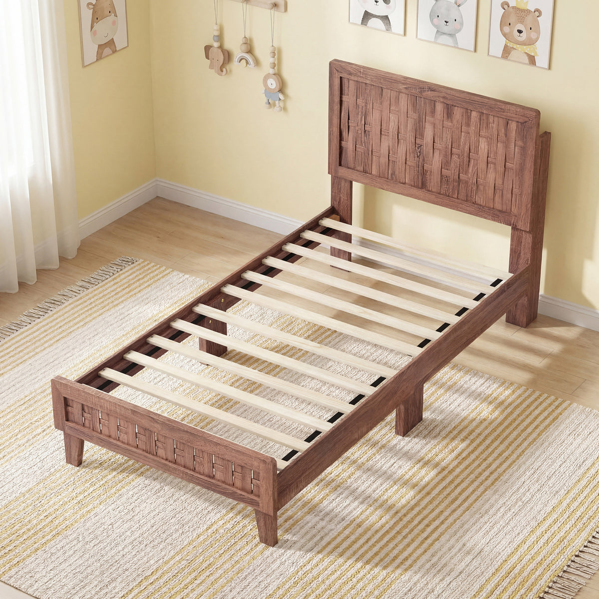 Bed Frame Mid Century with Woven Accent Headboard-Simple Bed Frame-DECOROLALA