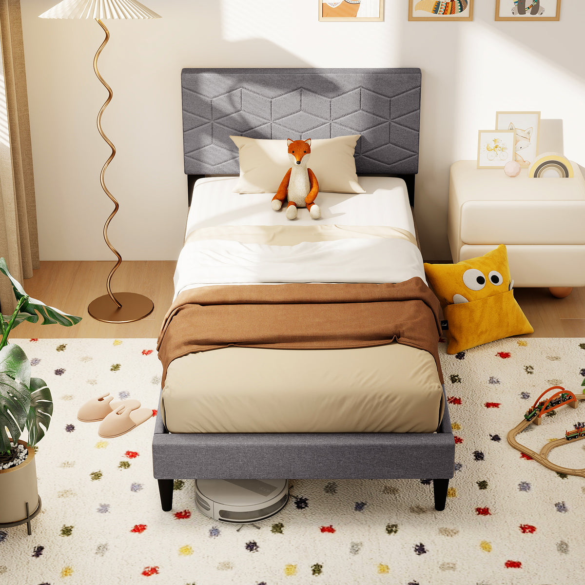 Bed Frame Modern Platform Bed with Linen Fabric Upholstered Headboard-Simple Bed Frame-DECOROLALA