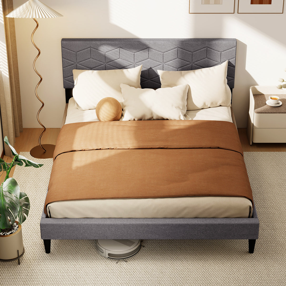 Bed Frame Modern Platform Bed with Linen Fabric Upholstered Headboard-Simple Bed Frame-DECOROLALA