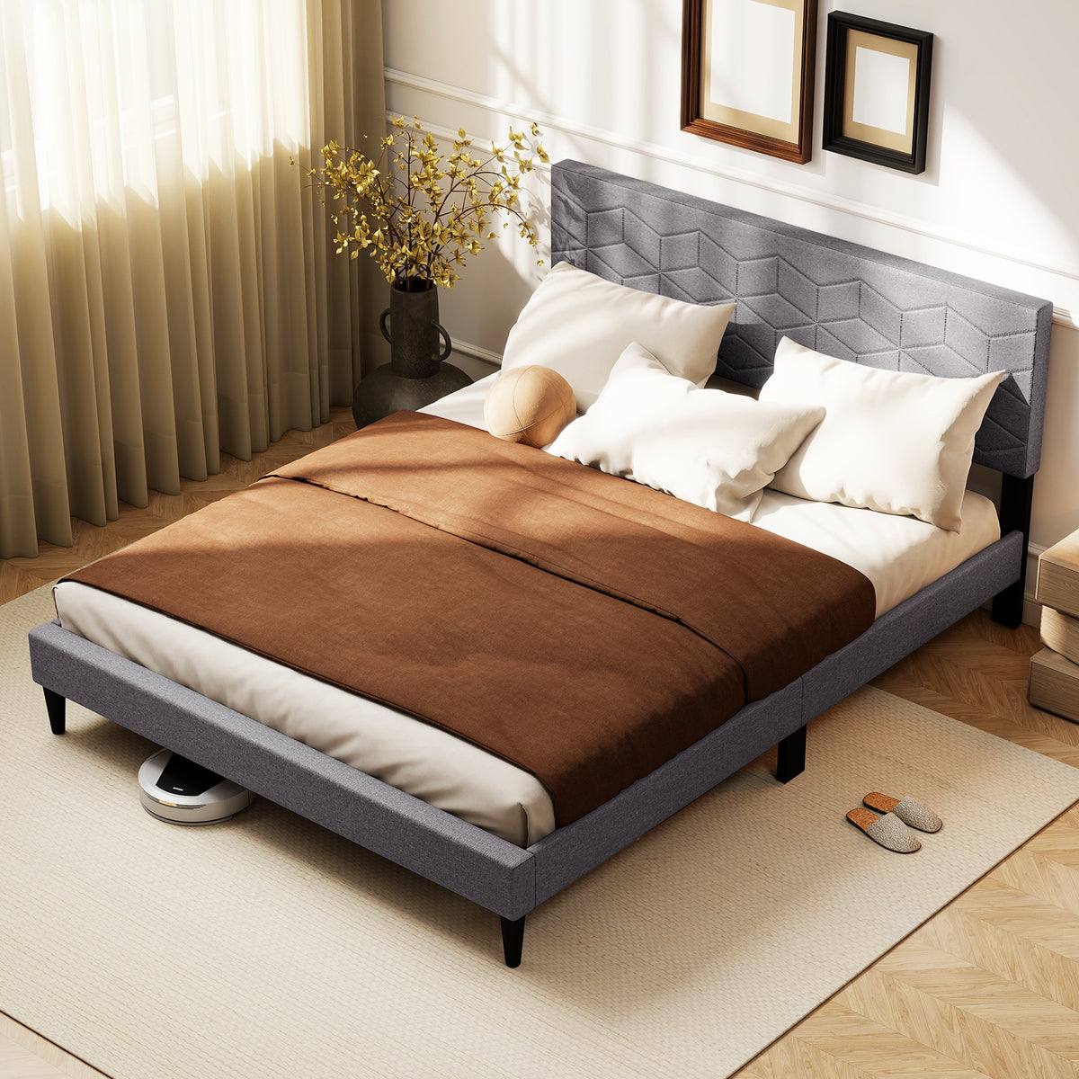 Bed Frame Modern Platform Bed with Linen Fabric Upholstered Headboard-Simple Bed Frame-DECOROLALA