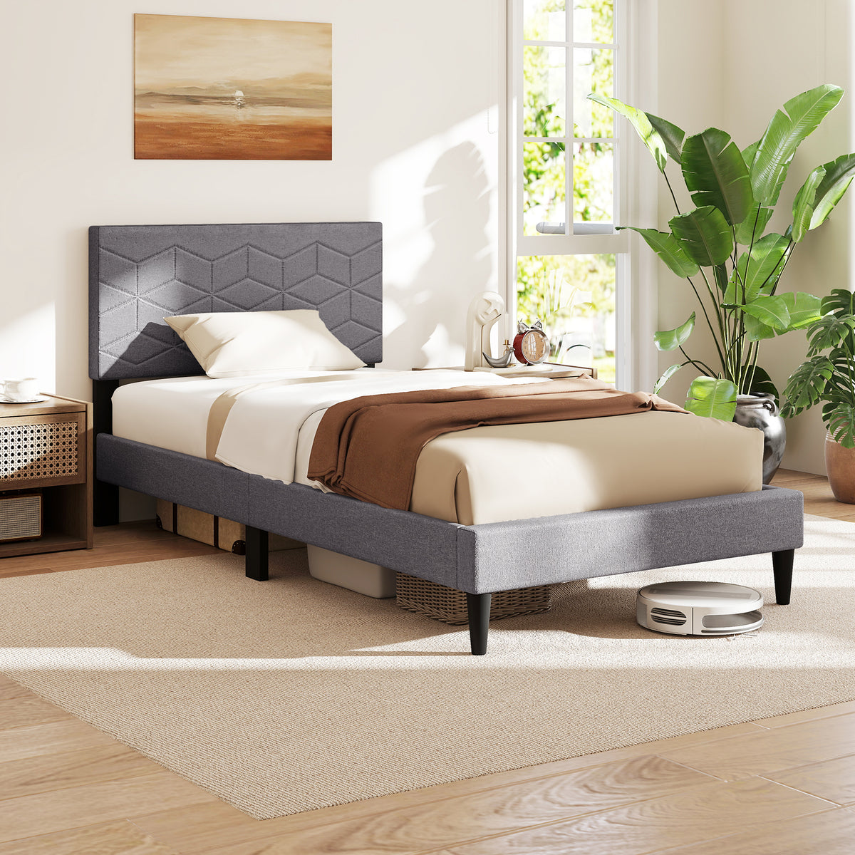 Bed Frame Modern Platform Bed with Linen Fabric Upholstered Headboard-Simple Bed Frame-DECOROLALA