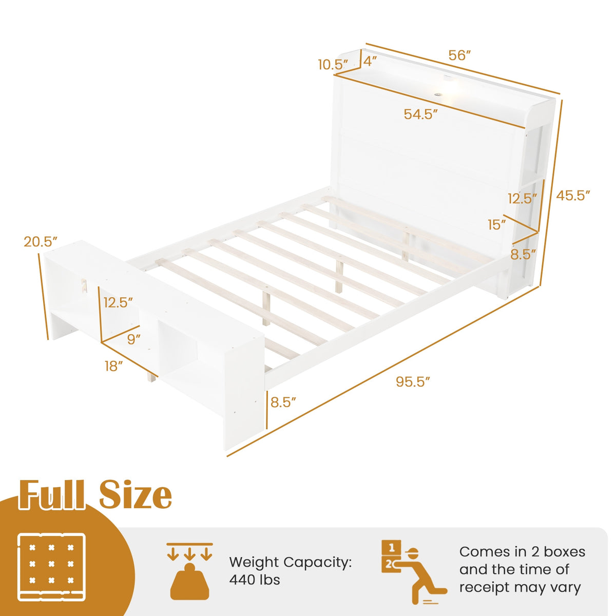 Bed Frame with 2 USB Ports with Storage Headboard and Lights-Simple Bed Frame-DECOROLALA