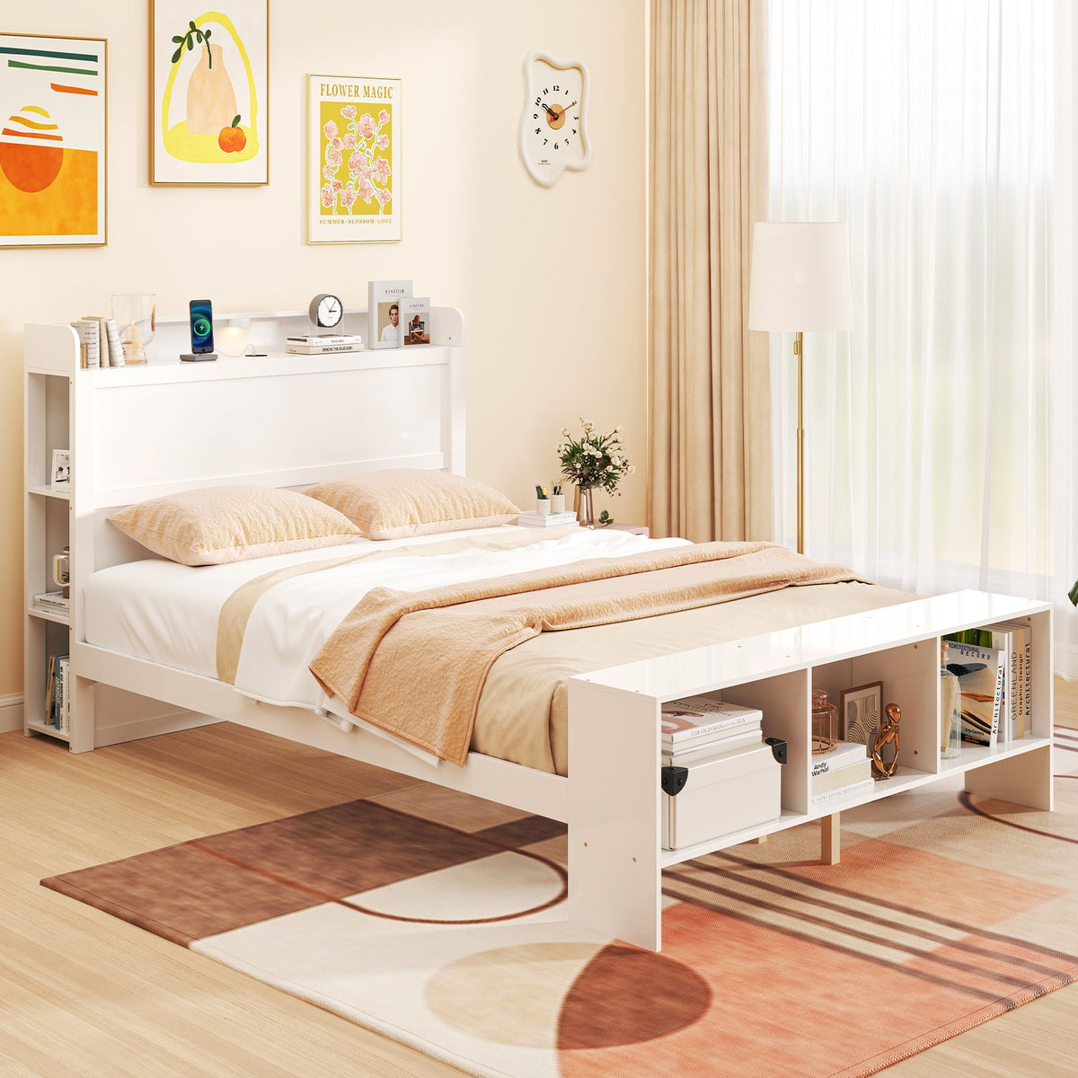 Bed Frame with 2 USB Ports with Storage Headboard and Lights-Simple Bed Frame-DECOROLALA
