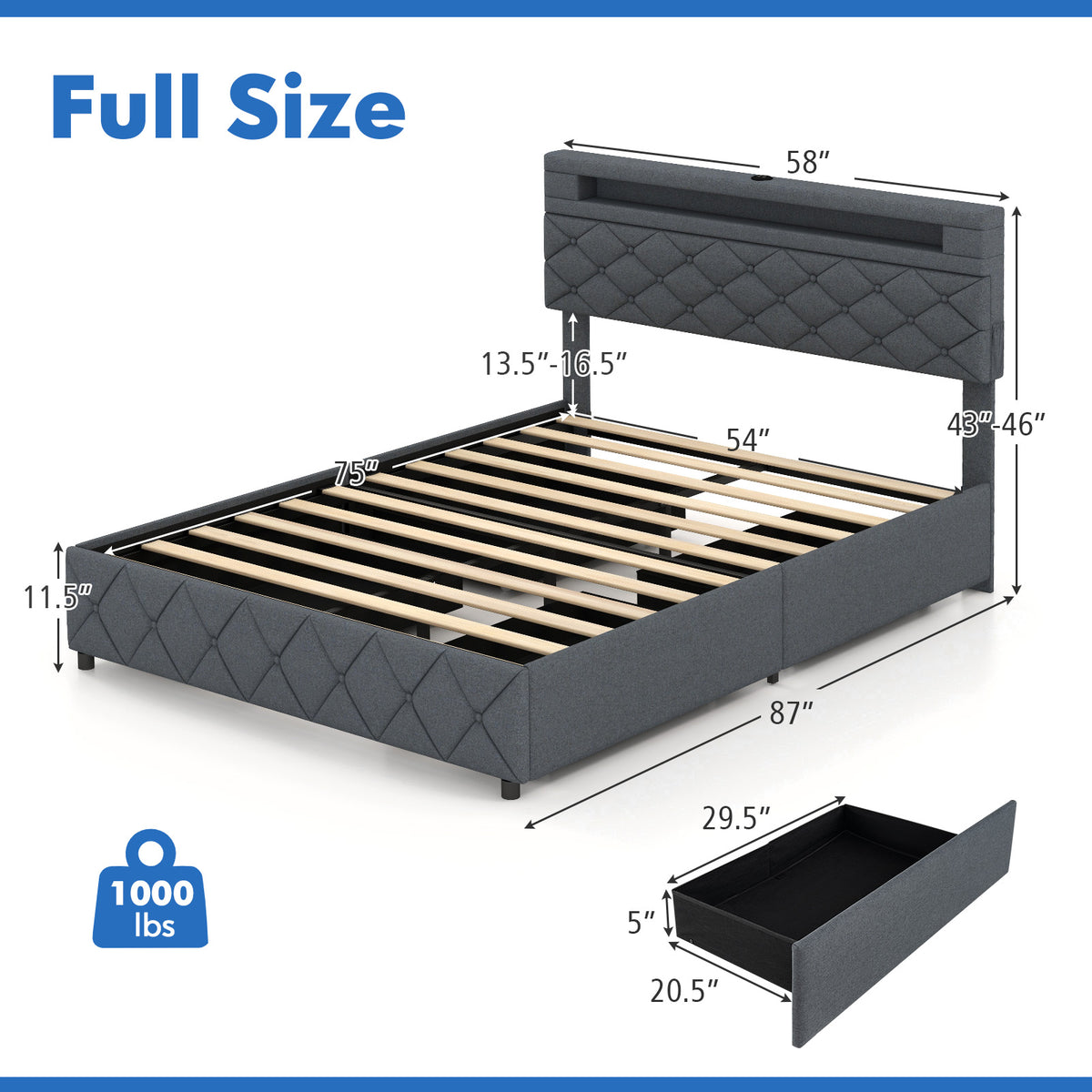 Bed Frame with Adjustable Storage Headboard and Wooden Slat Support-Simple Bed Frame-DECOROLALA