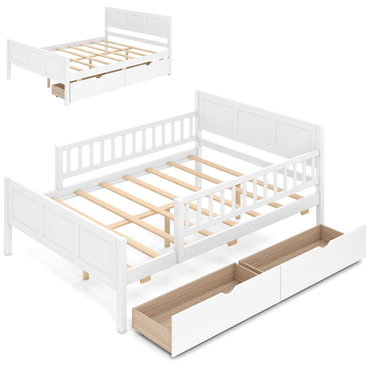 Bed Frame with Detachable Guardrails White-Trundle Bed Frame-DECOROLALA