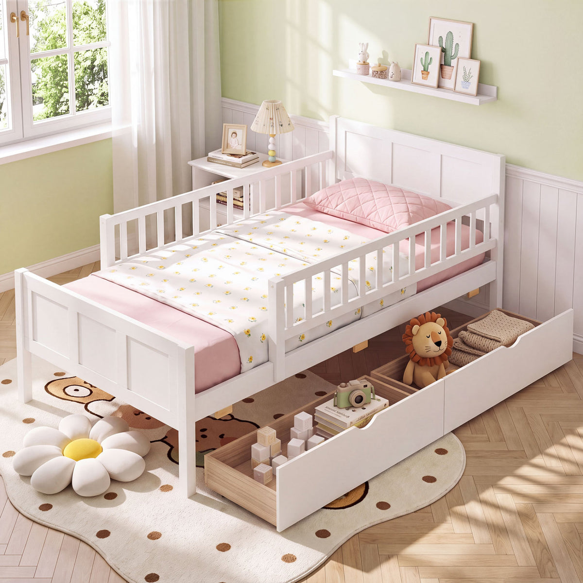 Bed Frame with Detachable Guardrails White-Trundle Bed Frame-DECOROLALA