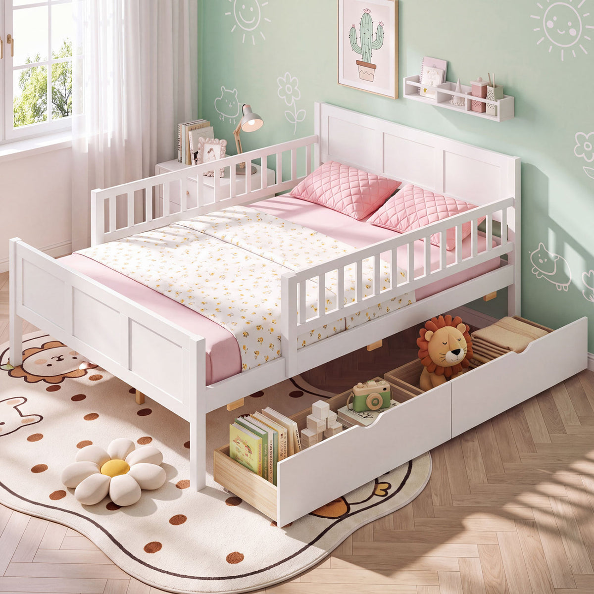 Bed Frame with Detachable Guardrails White-Trundle Bed Frame-DECOROLALA
