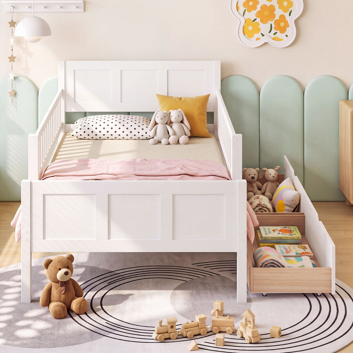 Bed Frame with Detachable Guardrails White-Trundle Bed Frame-DECOROLALA