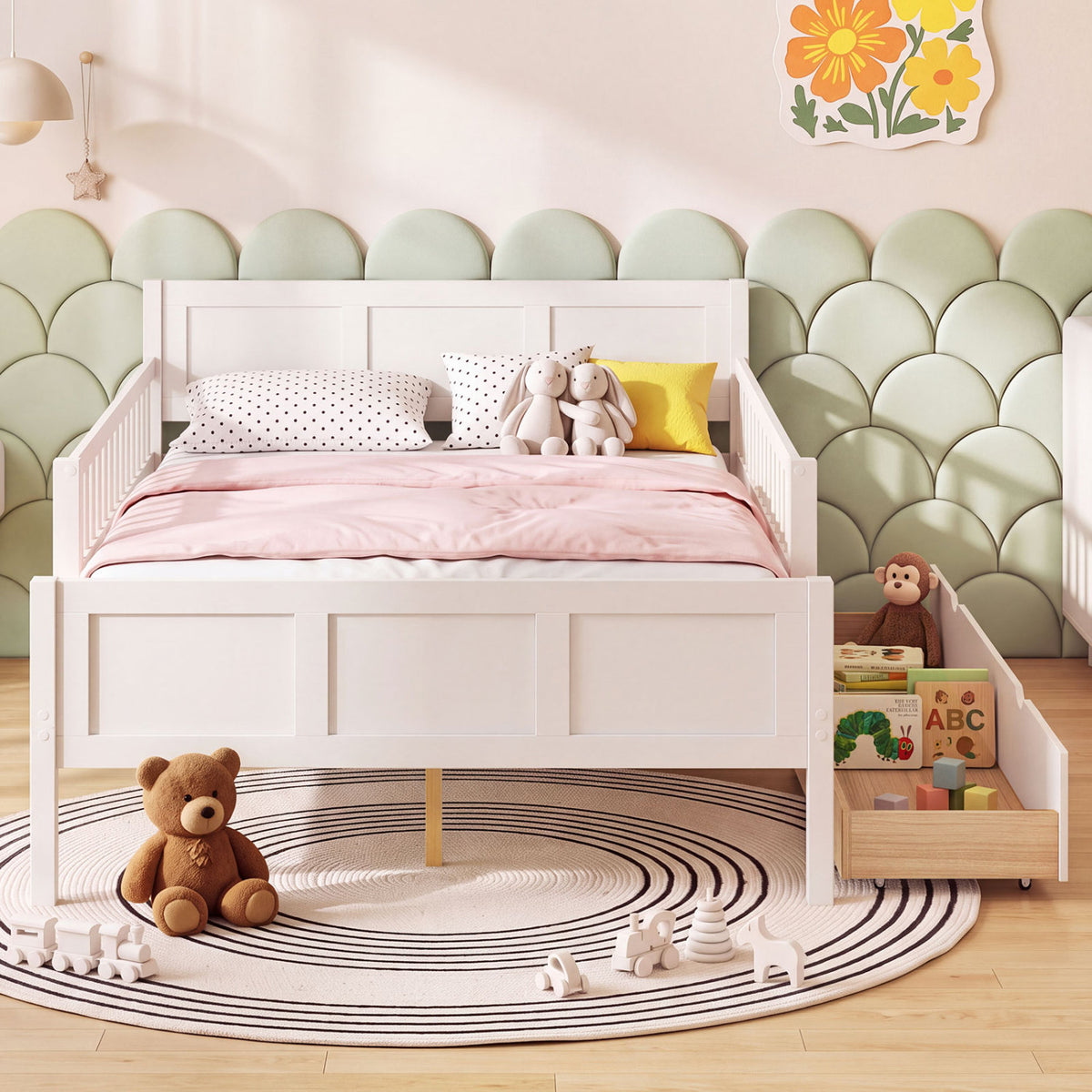 Bed Frame with Detachable Guardrails White-Trundle Bed Frame-DECOROLALA