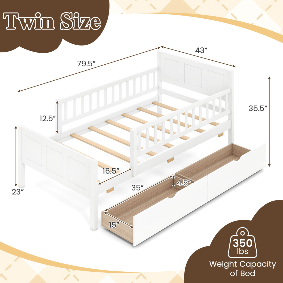 Bed Frame with Detachable Guardrails White-Trundle Bed Frame-DECOROLALA