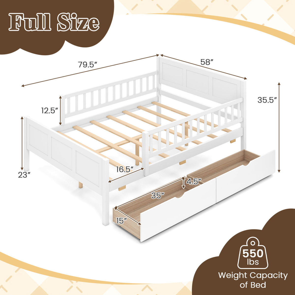 Bed Frame with Detachable Guardrails White-Trundle Bed Frame-DECOROLALA