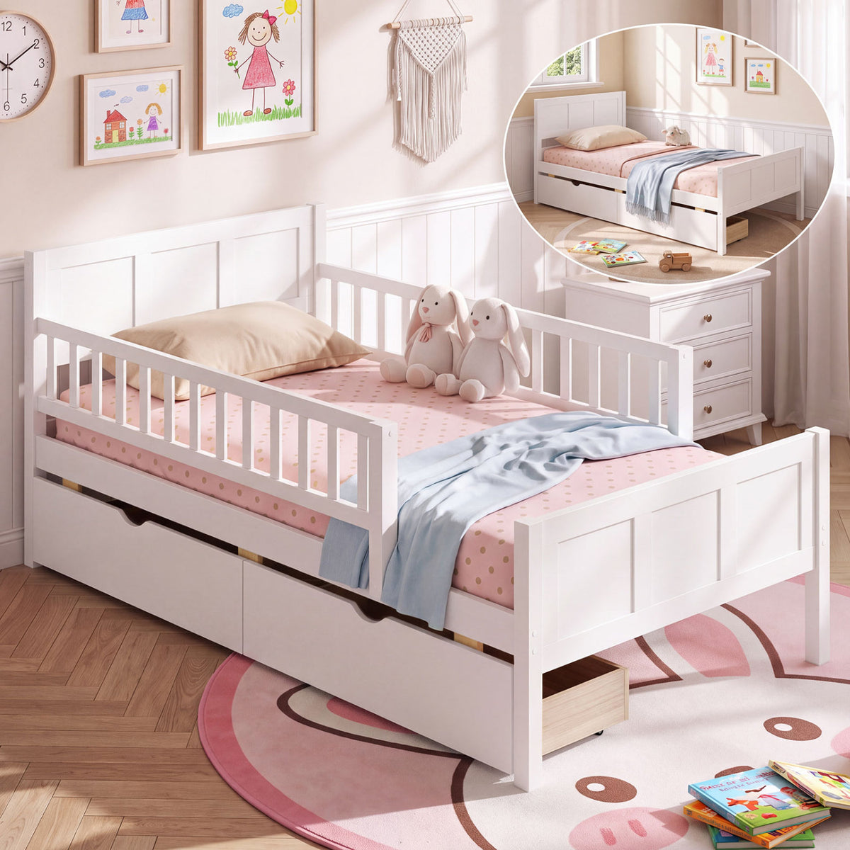 Bed Frame with Detachable Guardrails White-Trundle Bed Frame-DECOROLALA