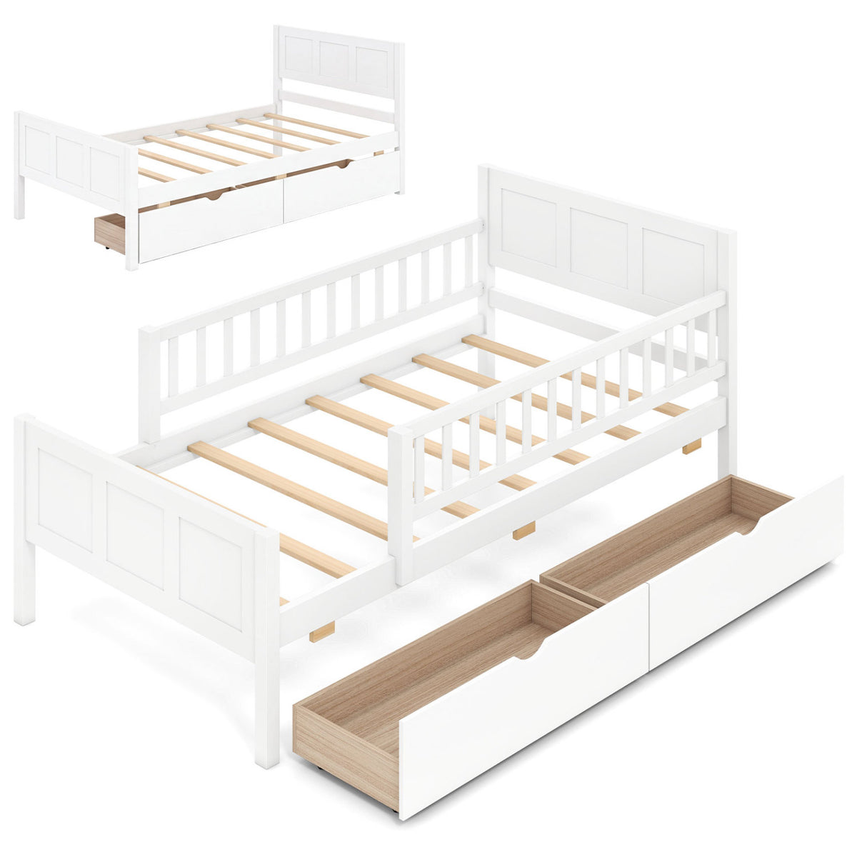 Bed Frame with Detachable Guardrails White-Trundle Bed Frame-DECOROLALA