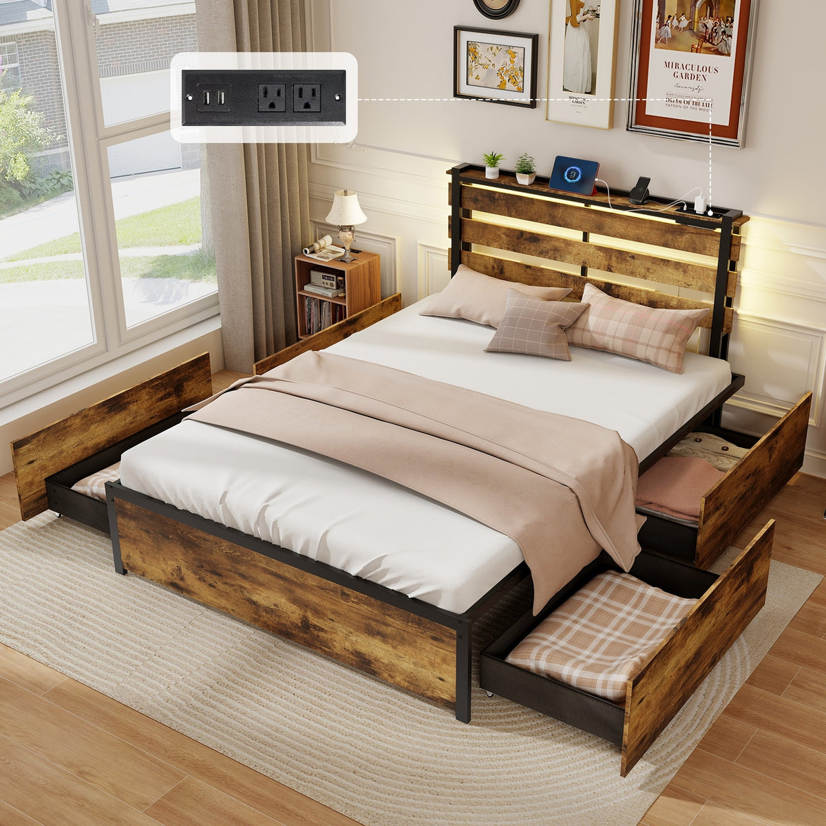Bed Frame with Drawers LED Lights and USB Ports-Simple Bed Frame-DECOROLALA