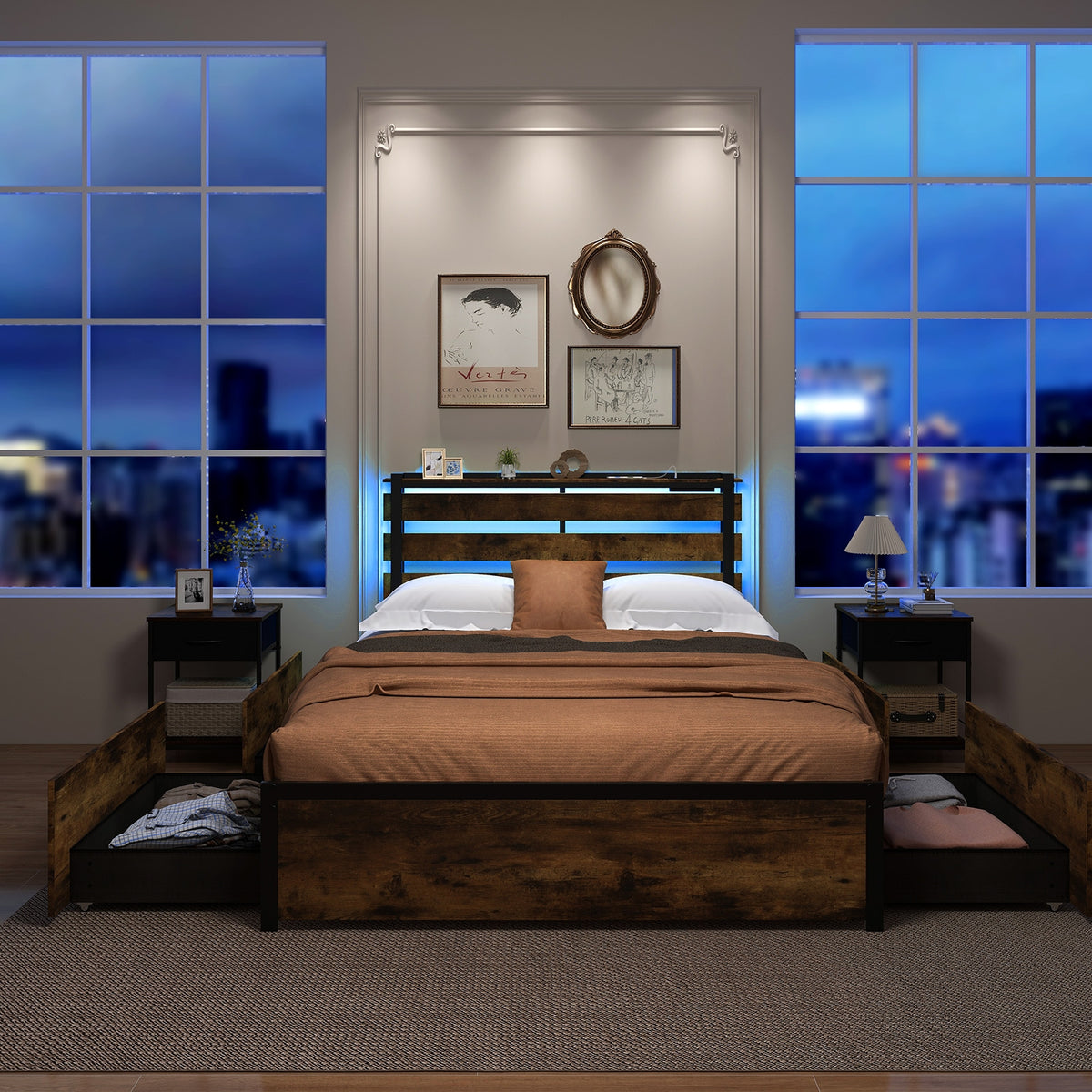 Bed Frame with Drawers LED Lights and USB Ports-Simple Bed Frame-DECOROLALA