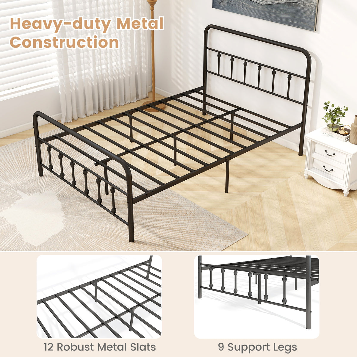 Bed Frame with Headboard and Under Bed Storage Black-Full Size-Simple Bed Frame-DECOROLALA
