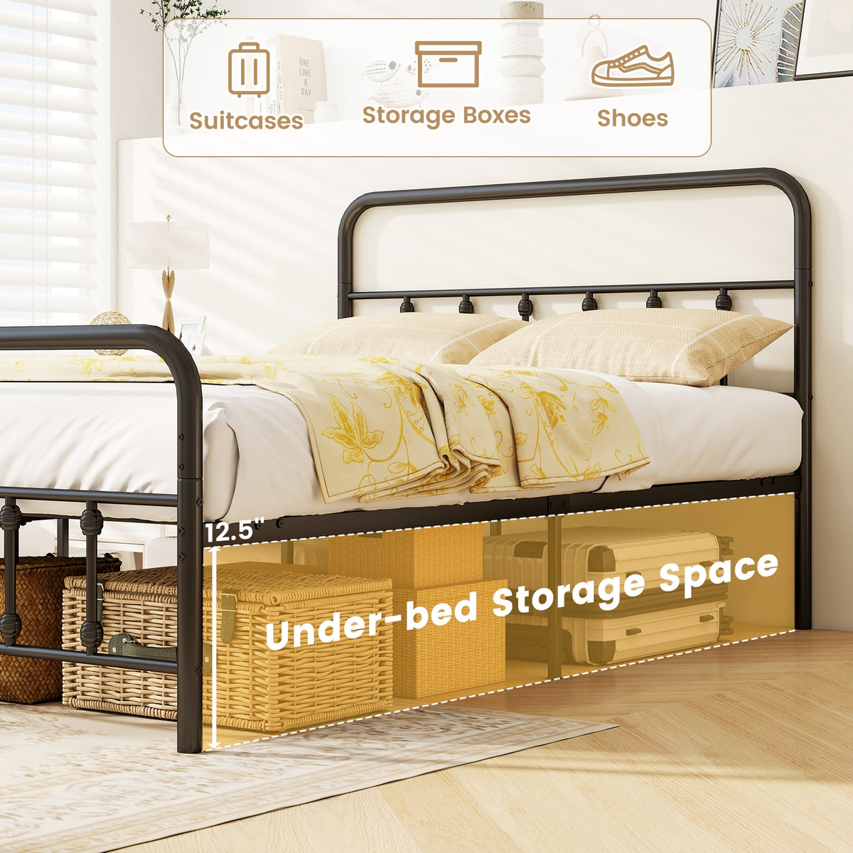 Bed Frame with Headboard and Under Bed Storage Black-Full Size-Simple Bed Frame-DECOROLALA
