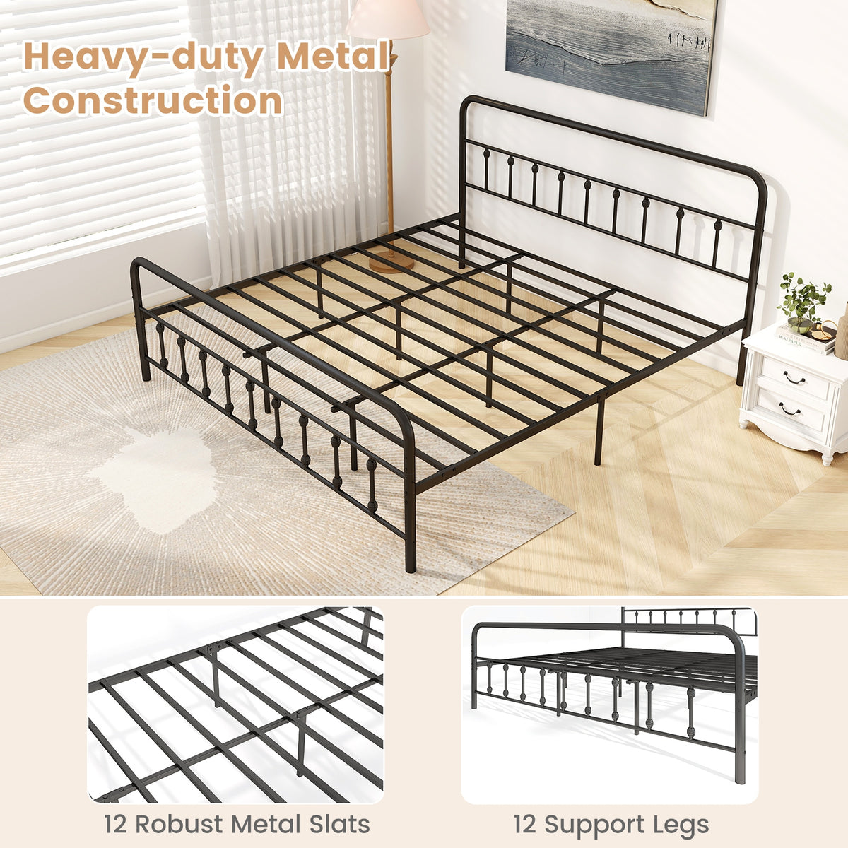 Bed Frame with Headboard and Under Bed Storage Black-King Size-Simple Bed Frame-DECOROLALA