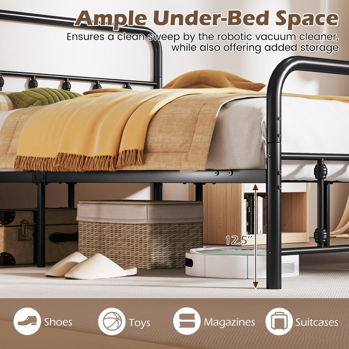 Bed Frame with Headboard and Under Bed Storage Black-Queen Size-Simple Bed Frame-DECOROLALA