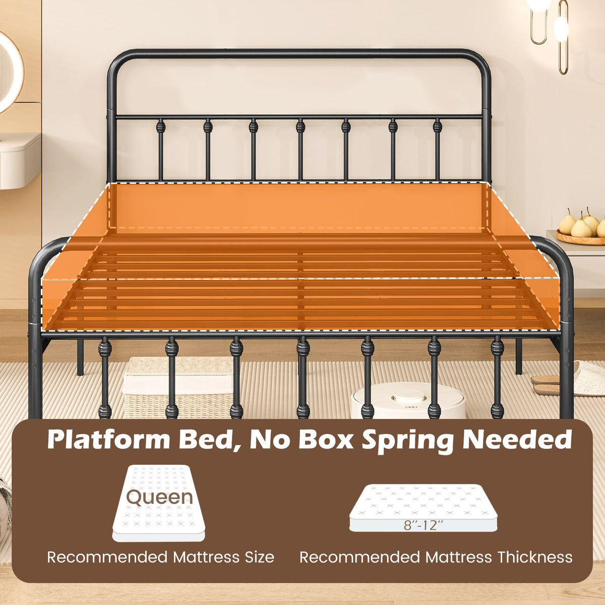 Bed Frame with Headboard and Under Bed Storage Black-Queen Size-Simple Bed Frame-DECOROLALA