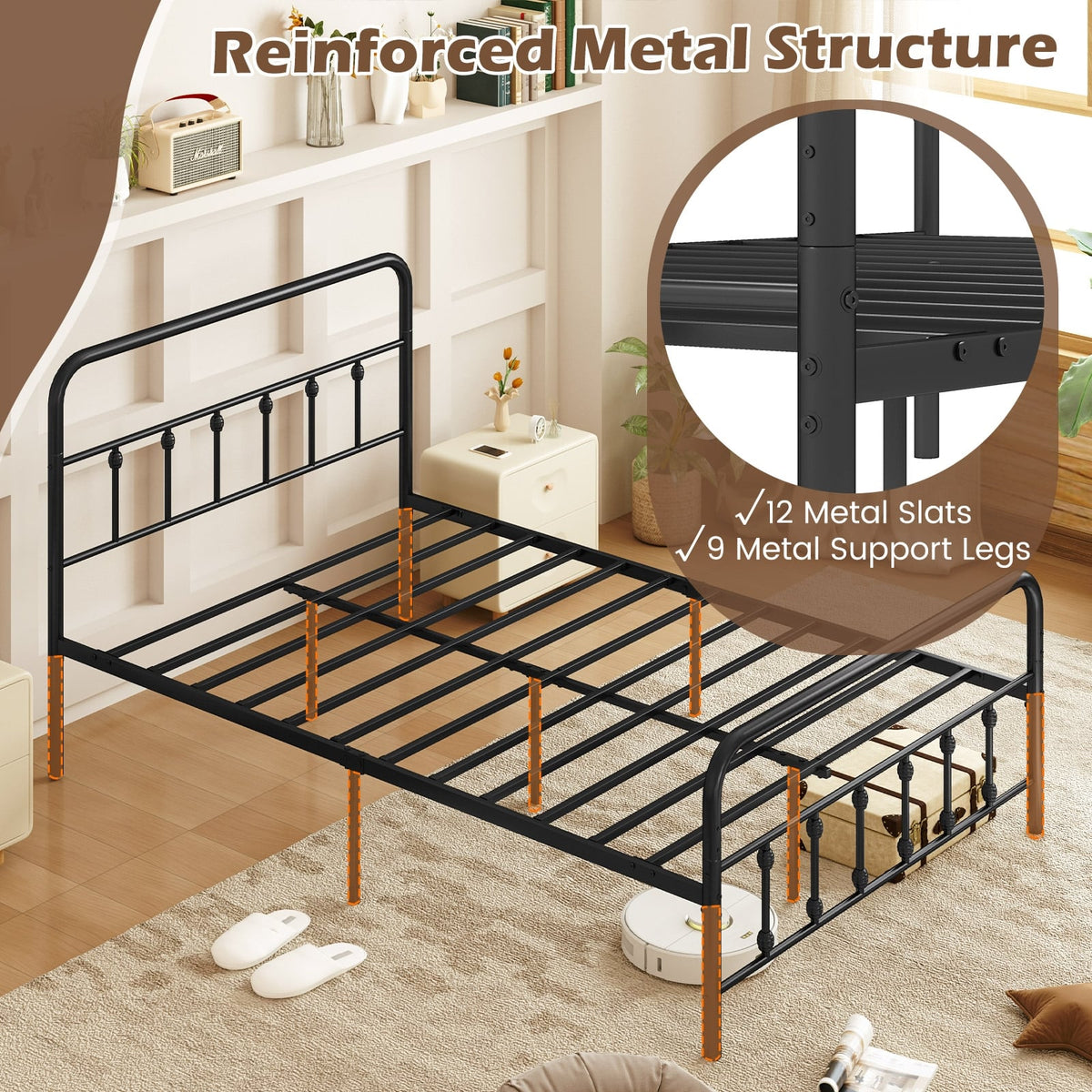 Bed Frame with Headboard and Under Bed Storage Black-Queen Size-Simple Bed Frame-DECOROLALA