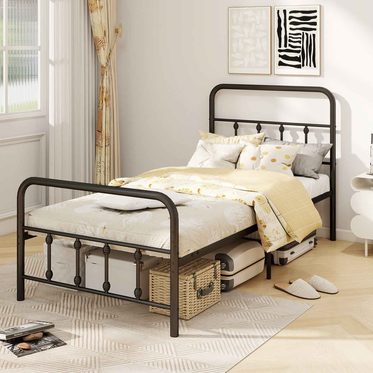 Bed Frame with Headboard and Under Bed Storage Black-Twin Size-Simple Bed Frame-DECOROLALA