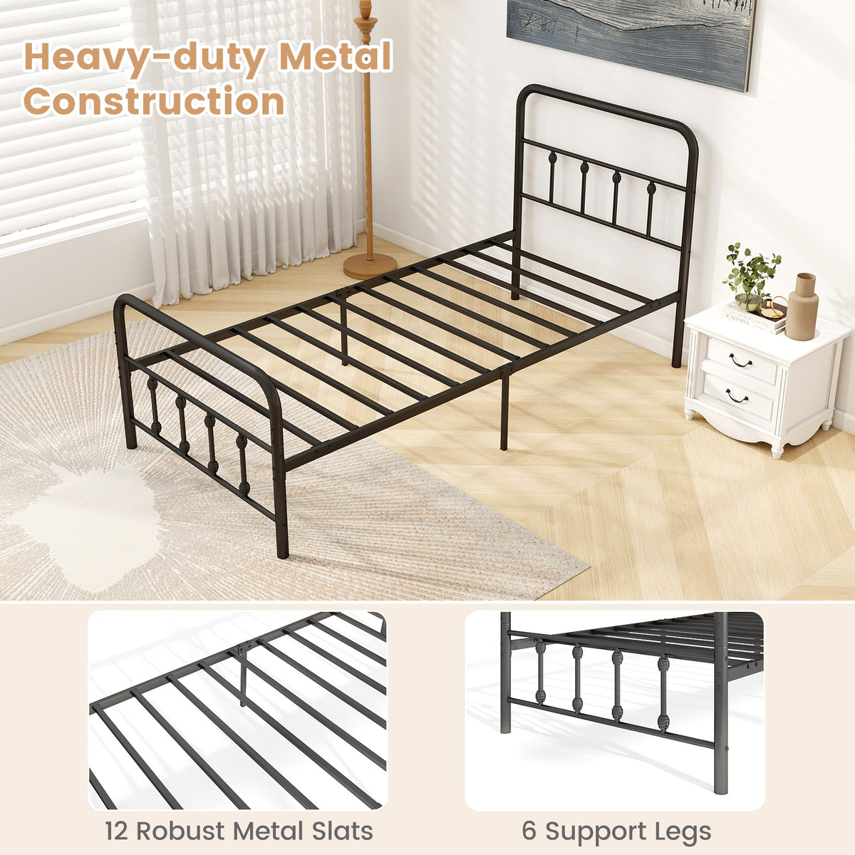 Bed Frame with Headboard and Under Bed Storage Black-Twin Size-Simple Bed Frame-DECOROLALA
