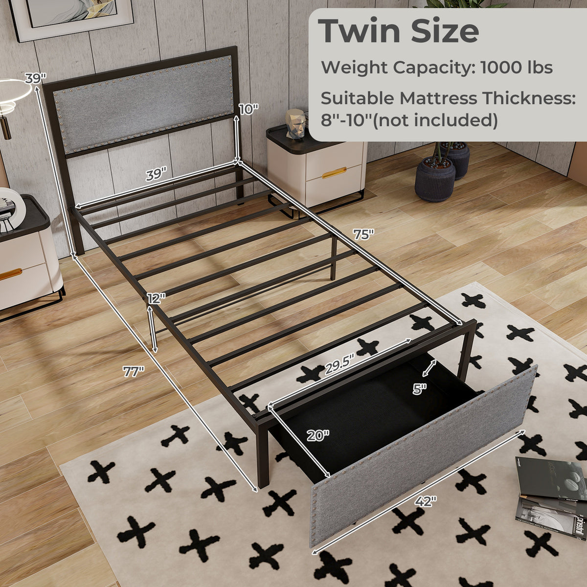 Bed Frame with LED Lights Drawer and Metal Slats-Simple Bed Frame-DECOROLALA